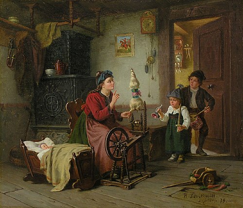 Familie mit Frau am Spinnrad, 1879, Hermann Sondermann