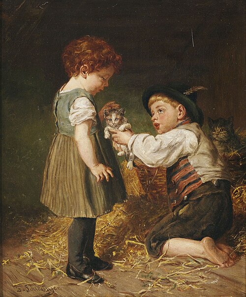 Zwei Kinder mit Kätzchen im Stall, , Felix Schlesinger