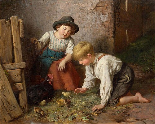 Two children with the chicks, , Felix Schlesinger