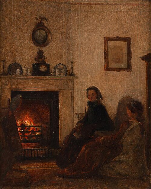 Zwei junge Damen wärmen sich in der Kaminstube, den zahmen Papagei betrachtend, 1856, Felix Schlesinger