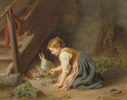 Girl with two rabbits, , Felix Schlesinger