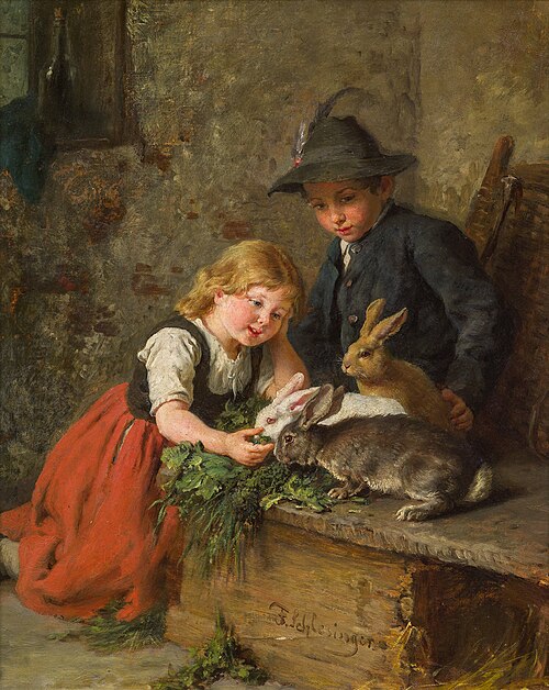 Two children feeding rabbits, , Felix Schlesinger