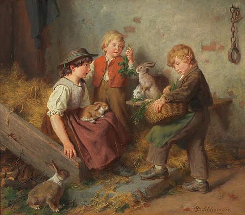 Children with the rabbits in the stable, , Felix Schlesinger
