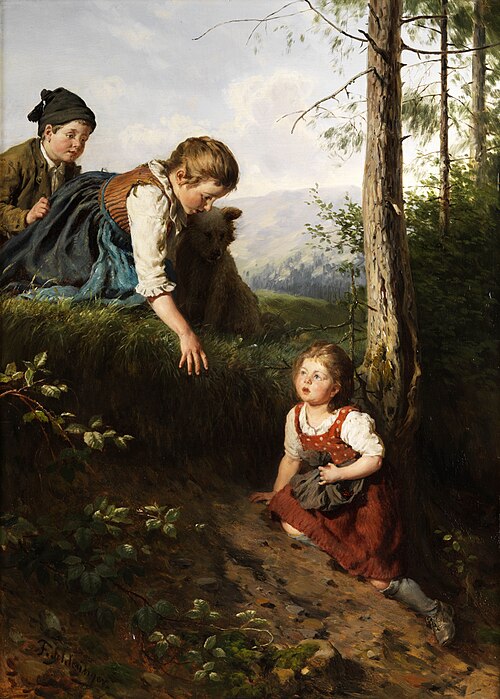 Drei Kinder im Wald beim Beerenpflücken, , Felix Schlesinger