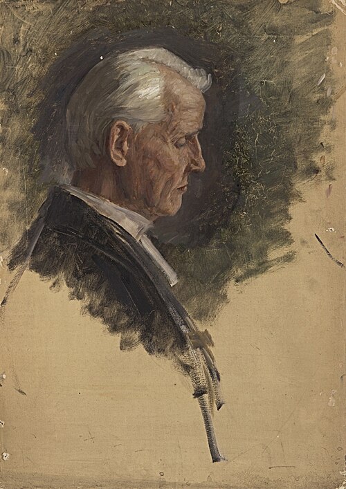Ohne Titel (Kopf eines segnenden Pfarrers im Profil, Oberhofprediger?). Studie zum Gemälde "Konfirma, , William Pape