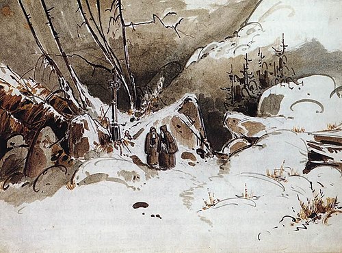 Alpine Pass in Winter with Monks, 1833, Carl Blechen