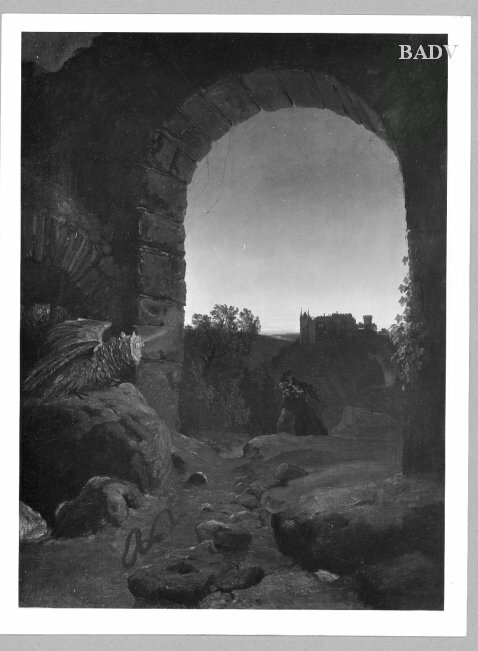Landscape with ruin, with motives of Webers "Freischütz", 1823, Carl Blechen