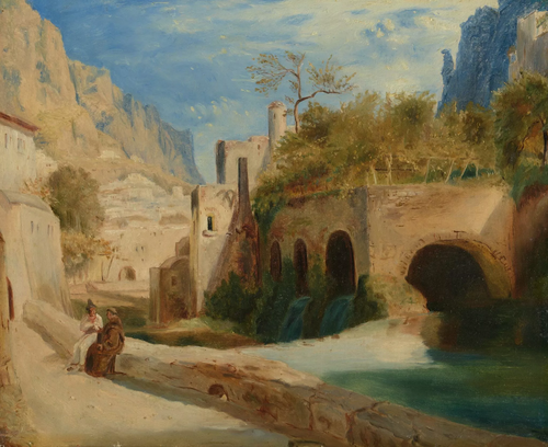 Mill Valley at Amalfi with Capuchin monk and farmer, 1823, Carl Blechen