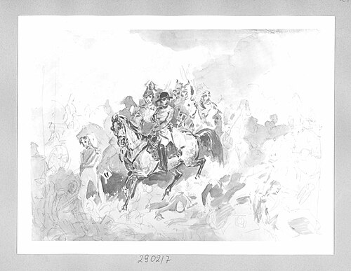 Napoleon zu Pferd, von Generalen und Truppe umgeben, 1823, Carl Blechen