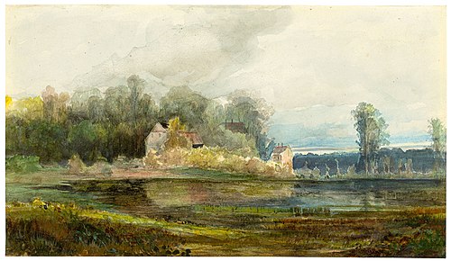 Pond with forest and houses, , Carl Blechen