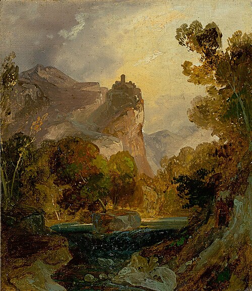 View of a river valley in the mountains with a castle on a high rock, 1822, Carl Blechen