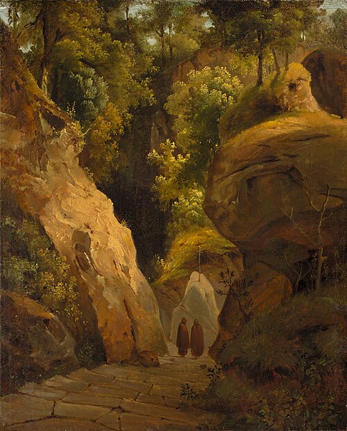 Mönche auf einer Treppe zwischen einer Felsenschlucht, 1839, Carl Blechen