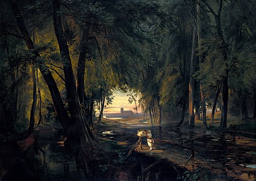 Forest path overlooking a church, 1835, Carl Blechen