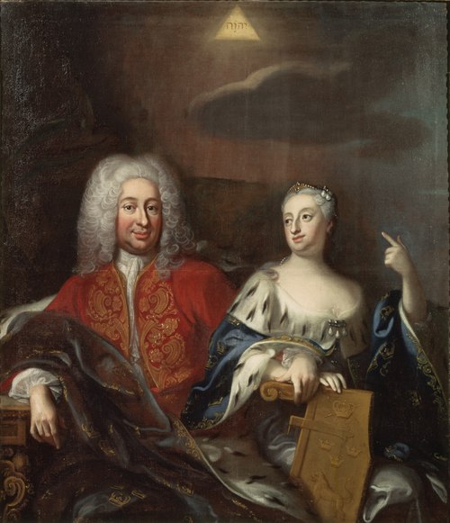 Fredrik I, 1676-1751, konung av Sverige och hans gemål Ulrika Eleonora d.y., 1688-1741, drottning av, 1733, Georg Engelhard Schröder