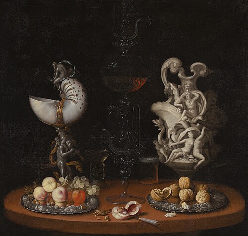 Still-life with nautilus cup, glas, decorated can and bowls with fruit and nuts, 1682, Georg Hainz