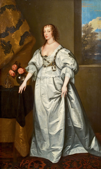 Portrait of Queen Henrietta Maria standing full-length in a white satin gown, 1636, Anthony van Dyck