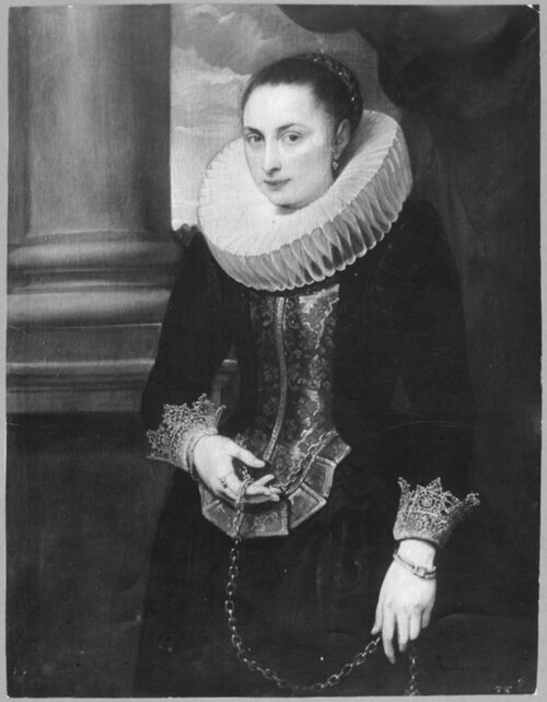 Portrait of a woman wearing a big ruff and standing with a gold chain in her hand, ca. 1620, 1620, Anthony van Dyck