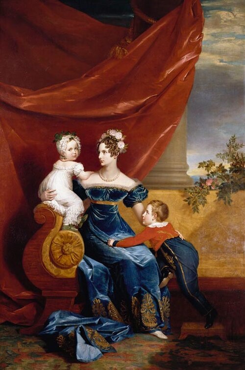 Charlotte (Alexandra Feodorovna), Empress of Russia, with her eldest children, Alexander and Maria, 1821, George Dawe