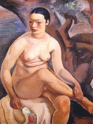 Sedící ženský akt se dvěma tulipány, 1927, Georges Kars