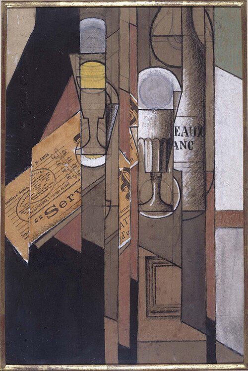 Cups, Newspaper and Bottle of Wine, 1913, Juan Gris