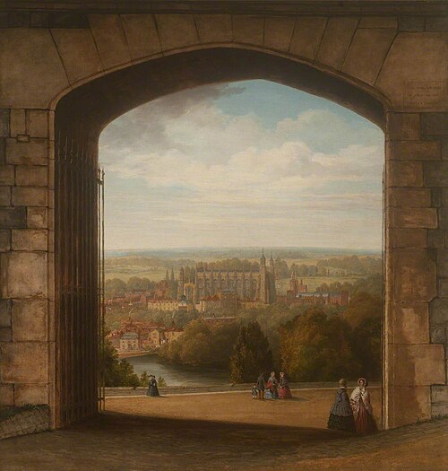 A View of Eton seen through the Gateway of the North Terrace of Windsor Castle, 1840, William Cowen