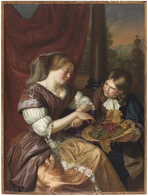 Un garçon offrant des raisins à une femme, 1678, Maria Schalcken