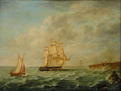 Het fregat Zr.Ms. IJssel de haven van Hellevoetsluis binnenzeilend, 1815, 1816, Gerardus Laurentius Keultjes