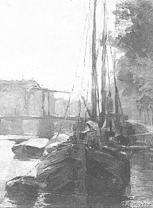 Waalseilandsgracht with bridge and moored tjalk barges, 1895, Piet Mondrian