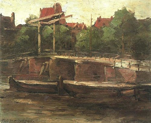 Waalseilandgracht with bridge and flat barges, 1895, Piet Mondrian