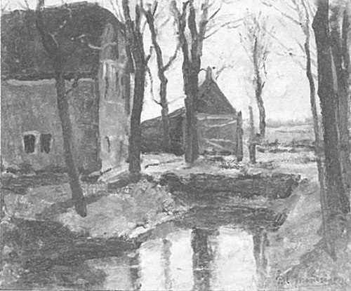 Farm buildings with trees and water ditch, 1895, Piet Mondrian