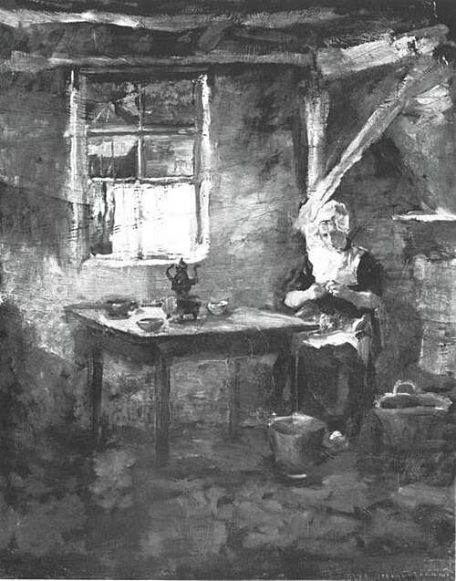 Farm interior with woman peeling potatoes, 1898, Piet Mondrian