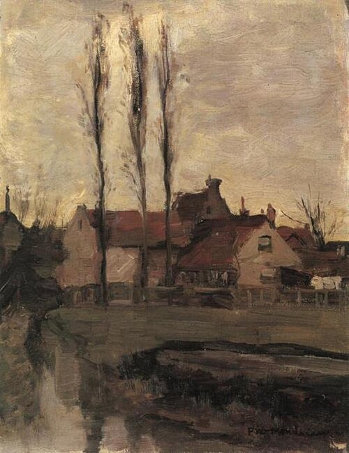 Three Italian poplars and buildings, 1898, Piet Mondrian