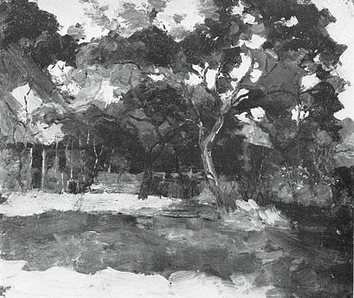 Farm buildings in Het Gooi, veiled by trees, 1900, Piet Mondrian