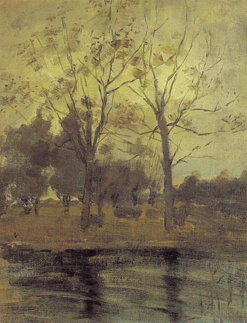 Two trees silhouetted behind a water course, 1901, Piet Mondrian