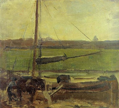 Polder with moored boat near Amsterdam II, 1900, Piet Mondrian