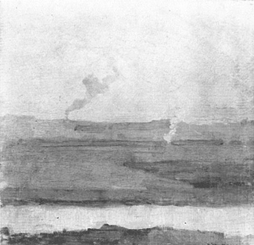 Polder landscape, smoke rising in background, 1900, Piet Mondrian