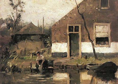Truncated view of a gabled house façade on a canal, 1901, Piet Mondrian