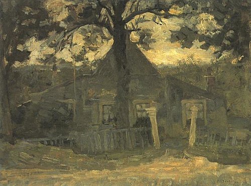 Gabled farmhouse façade with tree, fence and gateposts in front, 1905, Piet Mondrian