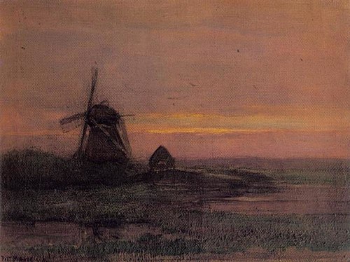 Oostzijdse mill with streaked reddish sky, 1906, Piet Mondrian