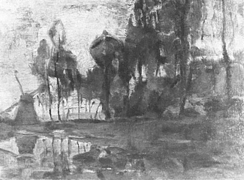 Windmill near tall trees, other trees at right, 1906, Piet Mondrian
