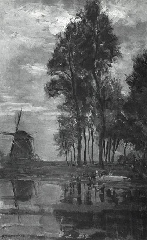 Windmill near tall trees with woman at the wash stoop, 1907, Piet Mondrian