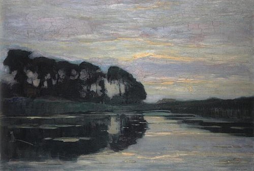 Farmstead on the Gein screened by tall trees: ultramarine sky with yellow ray of sunset, 1907, Piet Mondrian
