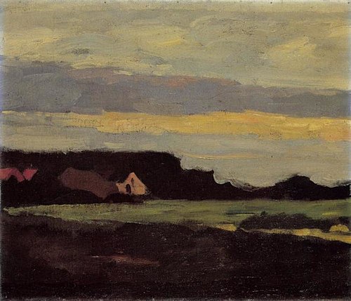 Farm buildings in white and red near a green field, 1906, Piet Mondrian