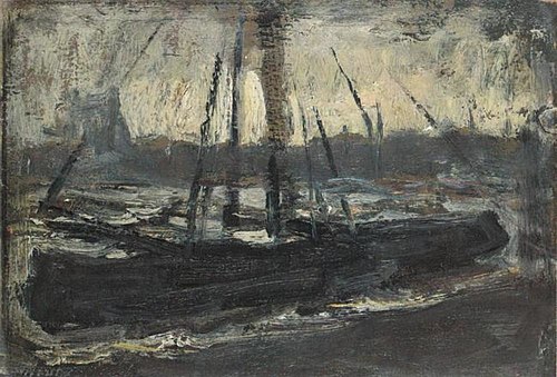 Moored tjalk in purple, 1905, Piet Mondrian