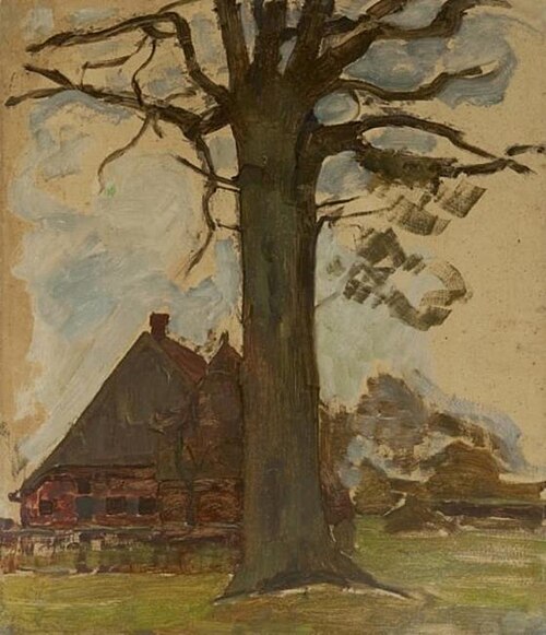 Farmstead façade with leafless oak, 1906, Piet Mondrian