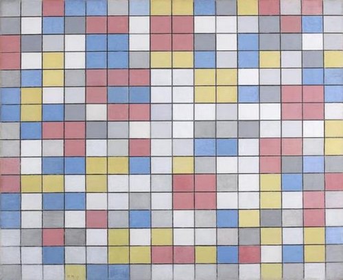 Rastercompositie 9: dambordcompositie heldere kleuren, 1919, Piet Mondrian