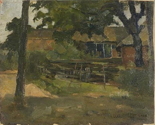 Farmstead in Het Gooi, viewed between trees and over fence, 1895, Piet Mondrian