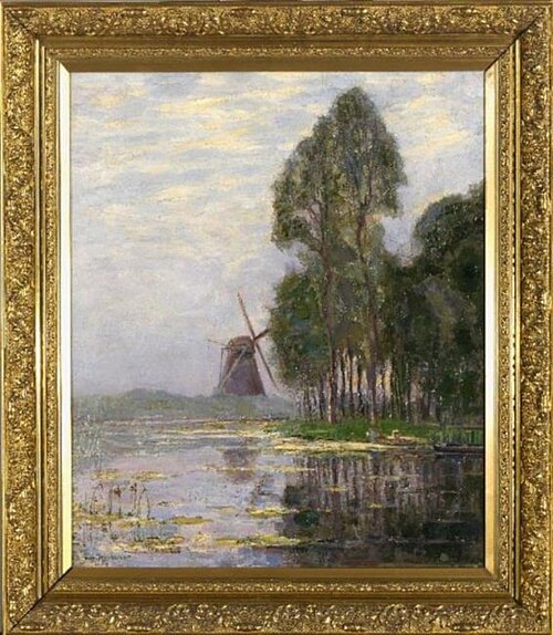 Mill near tall trees with bright color reflections, 1907, Piet Mondrian