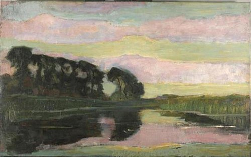 Riverscape with row of trees at left, sky with pink and yellow-green bands: farmstead on the Gein sc, 1907, Piet Mondrian