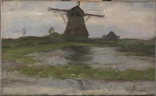 Oostzijdse mill viewed from downstream with mill at center, 1905, Piet Mondrian